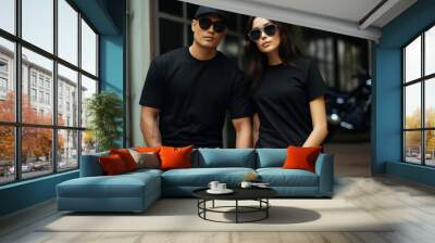 mockup of a man and woman wearing solid black Unisex Heavy Cotton Tee, t-shirt mockup, Generative Ai  Wall mural