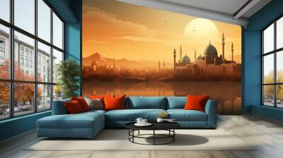 mosque at sunset, ramadan and eid background Wall mural