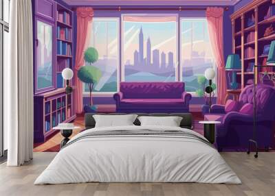 Purple living room interior, armchair, modern living room with purple furniture and curtains panoramic window. Vector cartoon illustration of empty lounge interior generative ai Wall mural