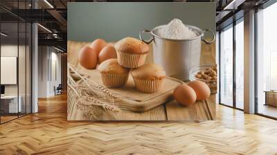 Cupcakes sit atop a rustic wooden table, surrounded by cups of flour, wheat stalks, nuts, and eggs. Wall mural