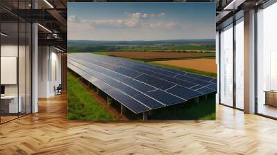 The rural landscape is a patchwork of colors and textures, from the vibrant green of the fields to the warm brown of the soil. In the center of it all, a solar farm stands proudly, its sleek panels re Wall mural