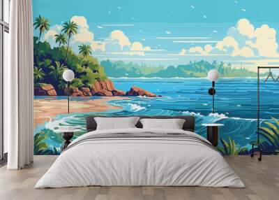 The tropical landscape of coast beautiful sea shore beach on good sunny day flat vector art illustration background generative ai Wall mural