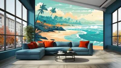 The tropical landscape of coast beautiful sea shore beach on good sunny day flat vector art illustration background generative ai Wall mural