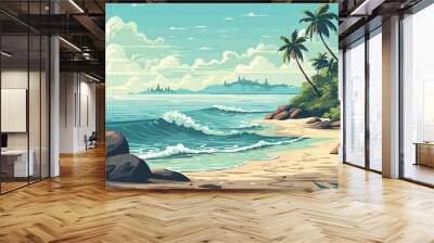 The tropical landscape of coast beautiful sea shore beach on good sunny day flat vector art illustration background Wall mural