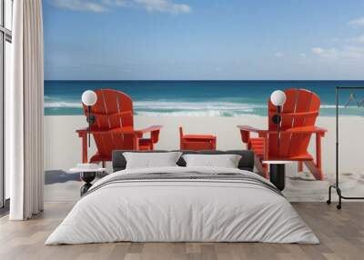 Two Red Chairs on Sandy Beach Wall mural