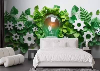 Simple green light bulbs and gears arranged in an array, representing innovation for energy company branding on white background Wall mural