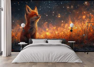 A little fox looking up at a star filled sky Wall mural