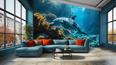 Dolphins swimming in deep sea Wall mural