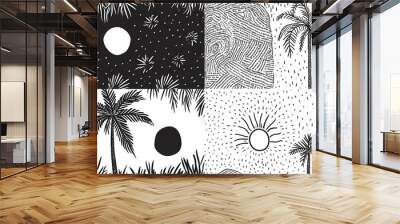 Pattern with 4 quarters, in two opposite quarters there is a minimalistic palm tree, in the other two there is a sun, organic hand drawn , black and white Wall mural