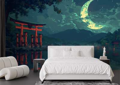 Pixel art of a big crescent moon on the night sky  Wall mural