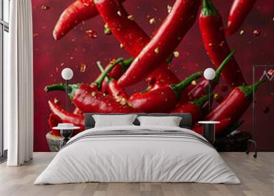 Red peppers floating in the air on a red background Wall mural