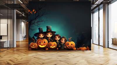 A family in Halloween costumes and makeup with some Halloween pumpkins in front of them, with empty space Wall mural