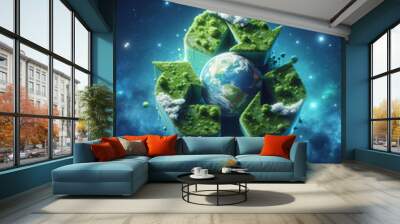 Recycling symbol combined with earth globe, earth day concept, blue background Wall mural