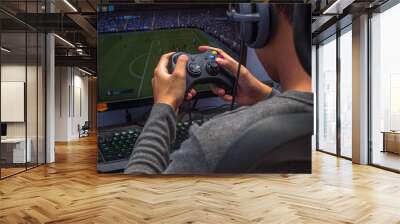 Back view of young gamer playing video game wearing headphone using his controller. Wall mural