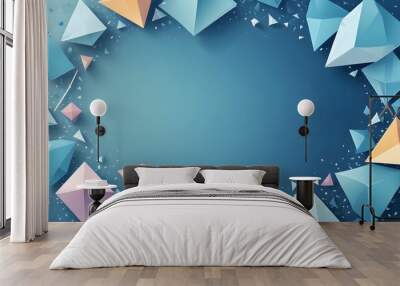 Abstract blue background frame containing various geometric shapes. Triangles, hexagons, kites, dots, particles, and molecular structures. Poster for product display. Wall mural