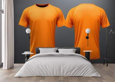 Neon orange t shirt front and back view clothes on isolated dark background Wall mural