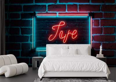 Digital Graphic Neon Cyan Frame Glowing Against Dark Red Brick Wall. Wall mural