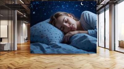 Sleeping Woman with Moon and Stars Blue Light Concept for Healthy Sleep and Circadian Rhythm Wall mural