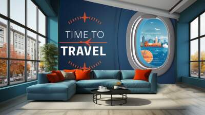 Travel time vector background design. Time to travel text with 3d airplane window view of international tourist destination for worldwide trip journey. Wall mural