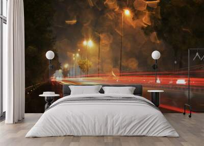 light trails on rainy night Wall mural