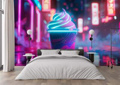 Neon cup of ice cream with neon swirls against a cyberpunk city background with neon lights Wall mural