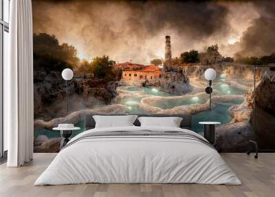 AI generated image of a natural spa with waterfalls and hot springs at Saturnia thermal baths, Grosseto, Tuscany, Italy Wall mural