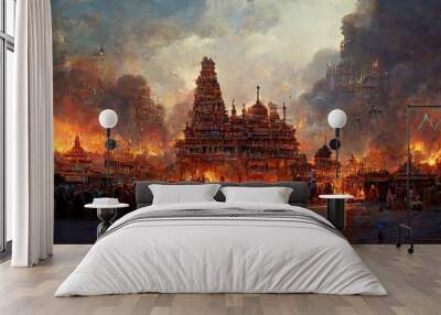 AI generated image of an ancient Indian temple town under attack by enemies Wall mural