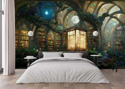 AI generated image of an ornate magical library with fairy lights, ornamental plants and gothic arches Wall mural