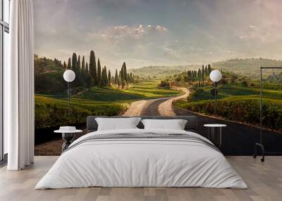 AI generated image of Tuscany landscape with grain fields and cypress trees Wall mural