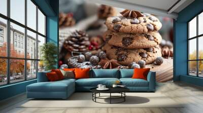 A cozy arrangement of chocolate chip cookies stacked on a wooden board, surrounded by pine cones, festive ornaments, and sprinkled with powdered sugar, evoking a warm holiday atmosphere. Wall mural