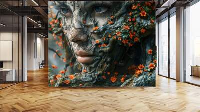 A detailed fantasy portrait of a person with a face resembling a tree, adorned with orange flowers and moss. Wall mural