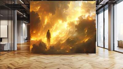 A person standing amidst a surreal, fiery landscape with swirling clouds and bright, glowing light. The scene is otherworldly and dramatic, with intense colors and a sense of awe and wonder. Wall mural