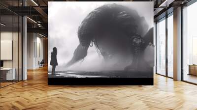 A person standing in front of a large, menacing creature in a foggy, monochromatic environment. The creature has a monstrous appearance with large limbs and a hunched posture. Wall mural