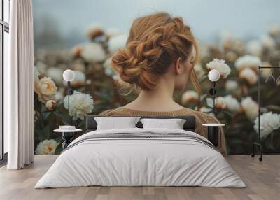 A young woman with braided hair stands in a field of blooming peonies, wearing a cozy knitted sweater. The soft focus on the flowers creates a serene atmosphere. Wall mural