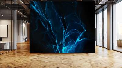 Abstract blue electric wave on black technology background. Neon light paint in water, acrylic explosion, fluid liquid art Wall mural