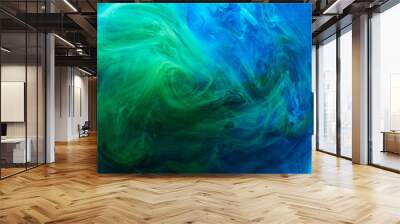 Abstract blue green background, underwater art. Colorful swirling paint smoke Wall mural