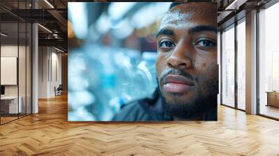 Close-up of a thoughtful man with city lights bokeh in the background. Wall mural