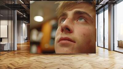 Close-up of young man looking upwards shows nose piercing, with a blurred background. Wall mural