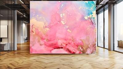 Colorful ink luxury abstract background, gold pink marble texture, fluid art pattern wallpaper, underwater paint mix Wall mural