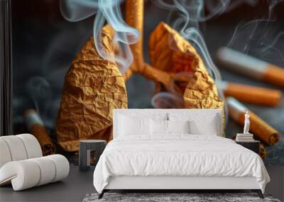 Conceptual image of damaged lungs made of crumpled paper with cigarettes, symbolizing the harmful effects of smoking on respiratory health, with smoke and tobacco debris. Wall mural