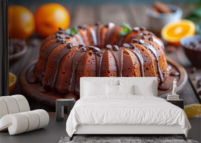 Delicious chocolate bundt cake with orange glaze, garnished with chocolate chips on a wooden table, surrounded by fresh oranges and cocoa beans. Perfect for dessert-themed designs. Wall mural