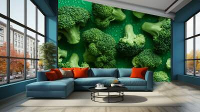 Fresh raw broccoli on a green background, top view. The concept of healthy food, diet, sulforaphane, cruciferous vegetables Wall mural