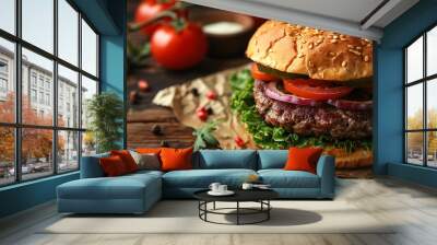 Juicy Beef Burger with Fresh Ingredients Wall mural