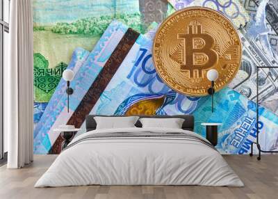 Kazakh tenge money and cryptocurrency Bitcoin close-up. Digital virtual internet currency investment concept Wall mural