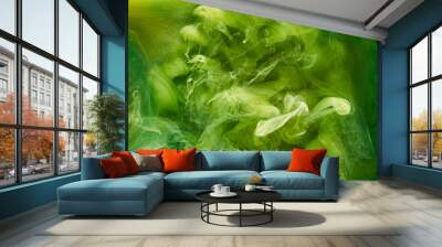 Liquid fluid art abstract background. Green dancing acrylic paints underwater, cosmic smoke ocean Wall mural