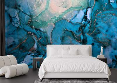 Luxury abstract background in alcohol ink technique, indigo blue gold liquid painting, scattered acrylic blobs and swirling stains, printed materials Wall mural