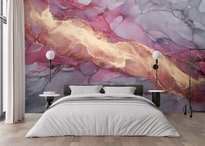 Luxury abstract background in alcohol ink technique, pink gray gold liquid painting, scattered acrylic blobs and swirling stains, printed materials Wall mural