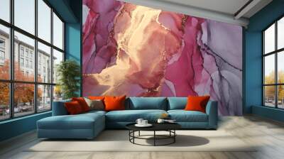 Luxury abstract background in alcohol ink technique, pink gray gold liquid painting, scattered acrylic blobs and swirling stains, printed materials Wall mural