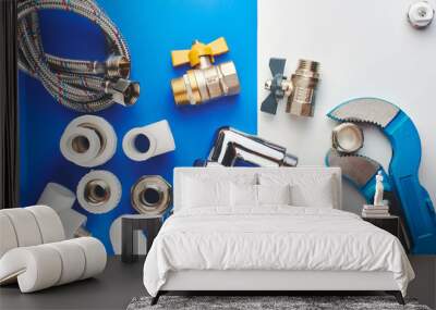 Plumbing parts, accessories and tools on a blue white background. Wall mural