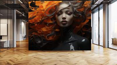 Woman beauty art portrait. Girl face with orange black smoke hair. AI concept Wall mural